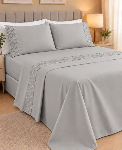 Jogo de Cama Queen 4 Peças Cinza - Bordado