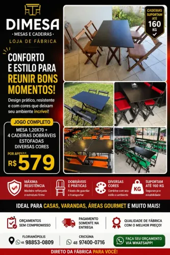 4 cadeiras dobráveis estofadas + mesa 1,20x70