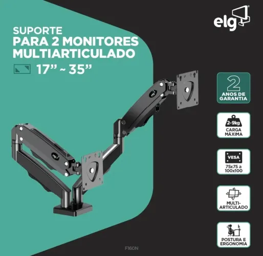Suporte Ergonômico Articulado de Mesa, 2 Monitores 17" a 35"