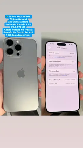 iPhone 15 Pro Max 256GB Titânio Natural - Saúde Da Bateria 87% (Usado)