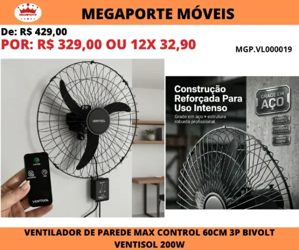 Ventilador de Parede Max Control 60cm Ventisol Bivolt 200W
