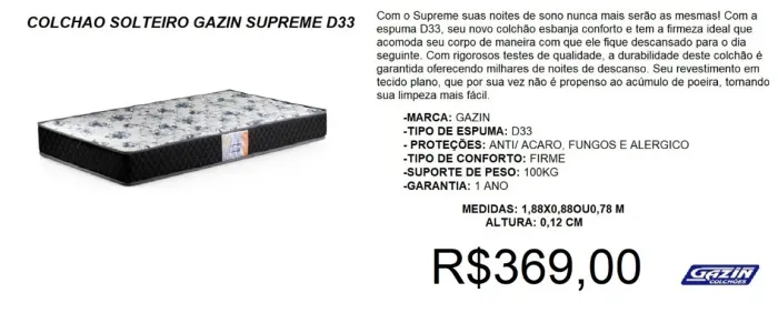Colchão solteiro d33 gazin 100% espuma - temos a pronta entrega