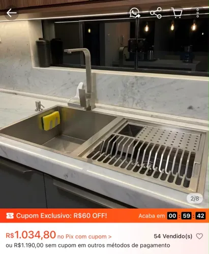 Cuba 80x44 com calha úmida. aço inox 304 