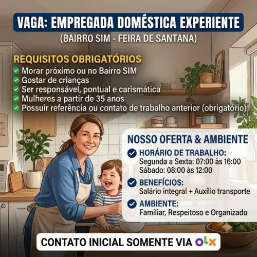 Vaga para Empregada Doméstica Experiente