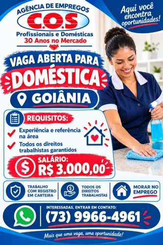 VAGA DE DOMÉSTICA DISPONÍVEL PARA GOIÂNIA 