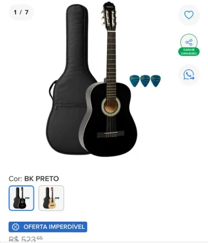 Violão Clássico Acústico Vogga Preto Nylon Com Capa 