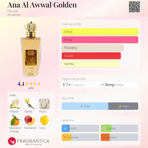 Perfume árabe Ana Al Awwal Golden de NUSUK feminino