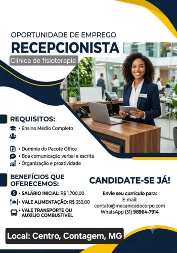 Vaga para recepcionista - Centro Contagem