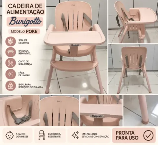 Cadeira de Alimentação Burigotto Poke Rosa com Bandeja e Cinto