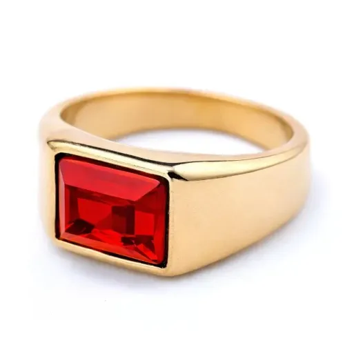 anel masculino formatura colaçao pedra vermelho aço inox 316l dourado