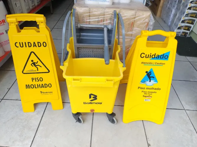 Carrinho de limpeza Balde espremedor Mop+ 2 placas sinalização 