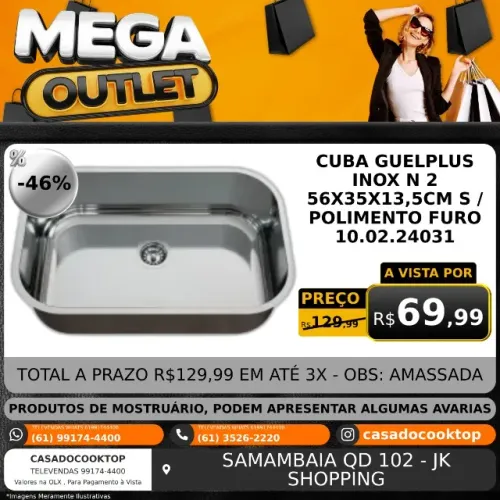 Cuba Guelplus Inox N2 56x35x13,5cm S/Polimento - Furo 3.1/2