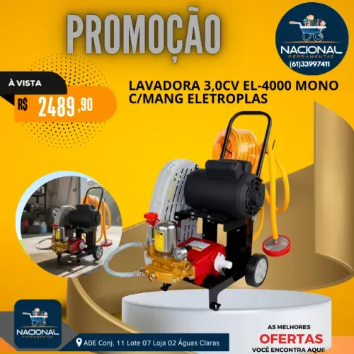 Lavadora Alta Pressão Eletroplas EL-4000 3CV Profissional Completa c/ Mangueira
