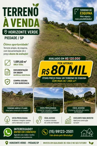  DE R$ 120 MIL POR R$ 80 MIL - TERRENO DE ESQUINA EM PIEDADE 1.091m²