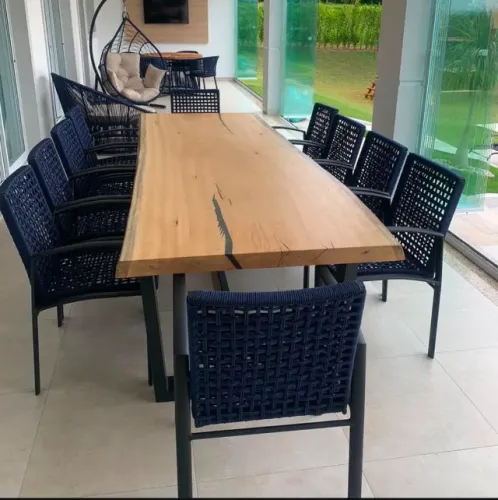 MESA DE MADEIRA 3 METROS COM 10 CADEIRAS DE CORDA NÁUTICA