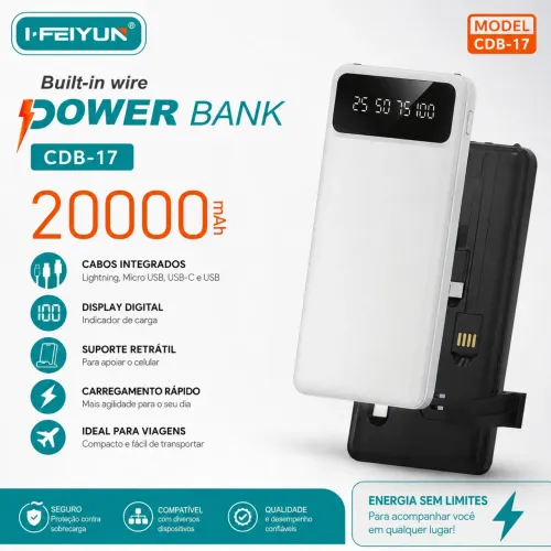 Power Bank FEIYUN CDB-17 - 20.000mAh | Com Cabos Integrados