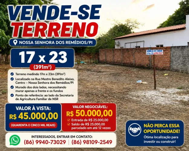 VENDE-SE TERRENO - Nossa senhora dos remédios-PI 