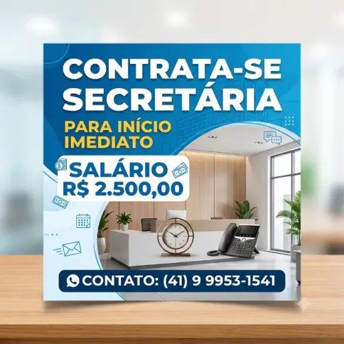 Secretária CLT | Salário R$ 2.500 + VT + VR | Início Imediato