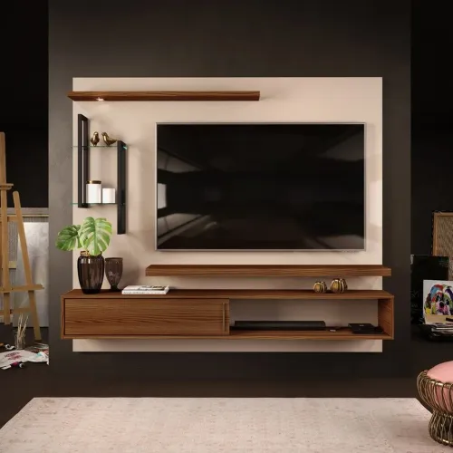 Painel para TV até 60 Polegadas 1.8 Mila Dj - Off White/ Marroquim Com Luminária de Led<br>