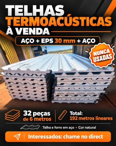 * Telha e forro em aço, cor natural. * Isolamento em EPS de 30 mm. * 32 peças de 6 metros 