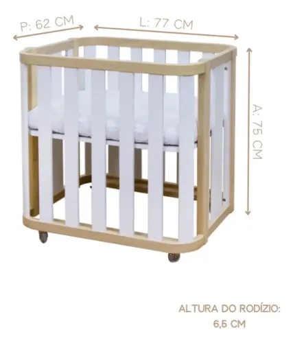 Mini Berço Quater Loop Branco e Madeira + Colchão e Rodízios - Excelente Estado