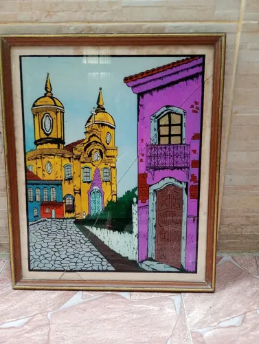 Quadro Vintage Vila Colonial / Igreja com Moldura de Madeira (46 x 55 cm)