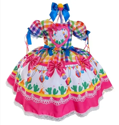 Vestido Infantil Junino Caipira Balões Xadrez Arraial E Laços Tamanho 6