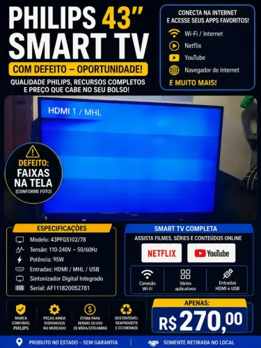 Tv 43 polegadas COM DEFEITO (Faixas na tela)