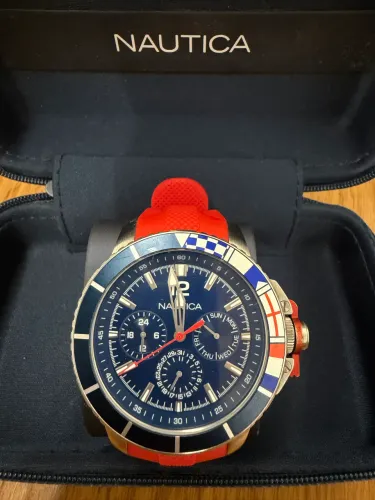 Relógio Nautica Masculino Original Cronógrafo Azul Pulseira Vermelha - Esportivo Premium
