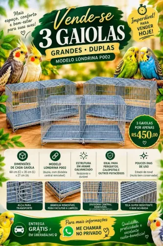 Vendo 03 gaiolas duplas. Galvanizadas. Perfeitas para canários e psitacideos.