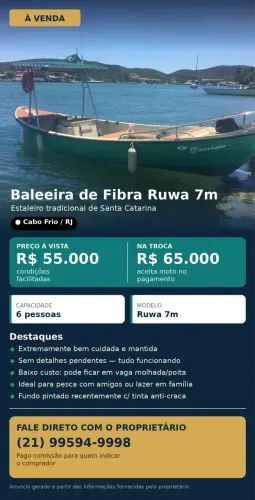 Baleeira de Fibra 7m Ruwa