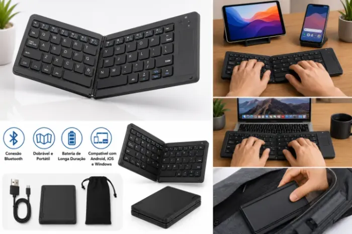 Mini Teclado Bluetooth Dobrável XTRAD XD-618 ABNT para Android, iPhone, Tablet e PC