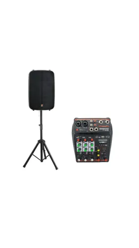 Caixa Ativa Staner 300W 2 Vias Bluetooth Rádio FM SR315M Preta + Tripé + Mesa de som 