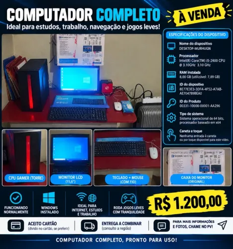 pc completo trabalho e estudo, intel i5 2400 3.10ghz 8gb, com ssd, peças novas