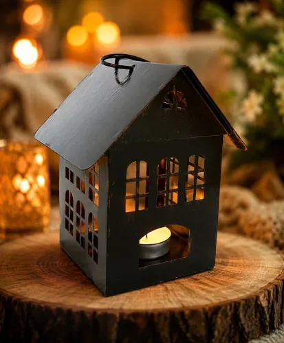 Porta Velas Casinha Decorativa Metal Preto