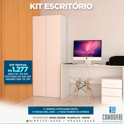 Kit Escritório com Mesa, Gaveteiro e Armário - R$ 1.277