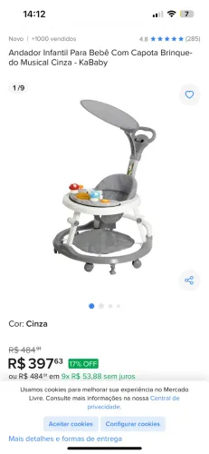 Andador Infantil Para Bebê Com Capota Brinquedo Musical Cinza - KaBaby