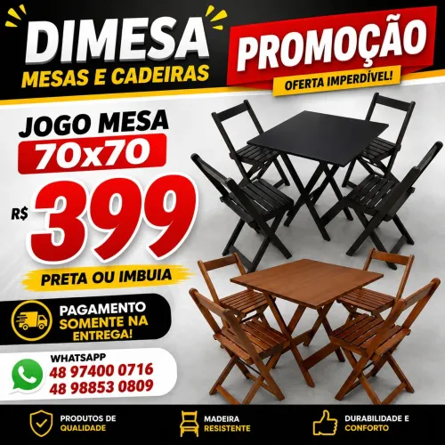 Conjunto 70x70 com 4 cadeiras, preto ou Imbuia