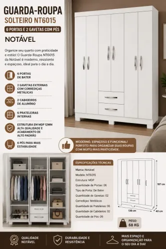 Guarda Roupa 6 Portas 2 Gavetas em Promoção NT6015