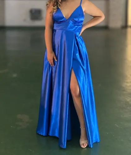 Vestido de festa longo com fenda - azul petróleo