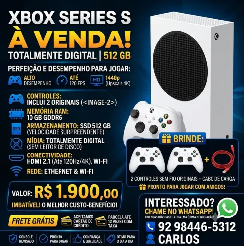 Xbox Series S 512GB Digital + 2 Controles Sem Fio + Entrega Grátis