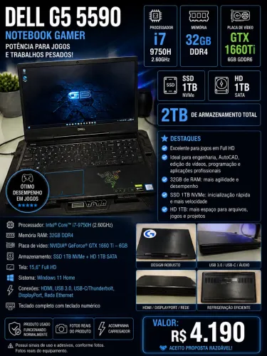 DELL G5 5590 GAMER - i7 | 32GB | GTX 1660 Ti 6GB | SSD 1TB + HD 1TB