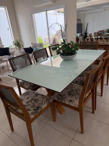 Mesa de Jantar Com 8 Cadeiras 200x100 Madeira e Tampo de Vidro