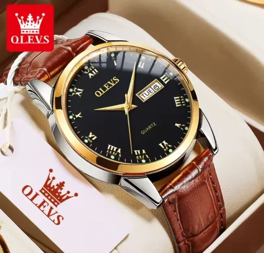 Relógio de Pulso Feminino Super Luxo OLEVS 5568 Rose Black Gold Com Pulseira Couro Marrom