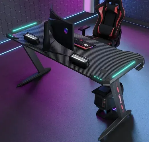 Mesa Gamer 120cm x 60cm Preta (Com LED e Suportes) - Excelente Estado
