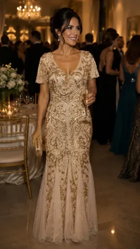 Vestido dourado com transparencia e brilho