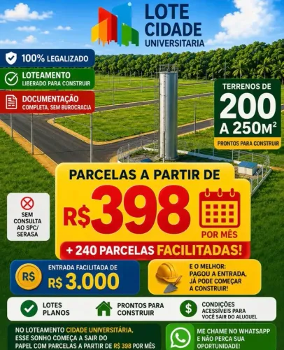 Cidade Universitária Lotes Esquina Pronto para Construir Entrada a partir R$3 MIL - Irandu