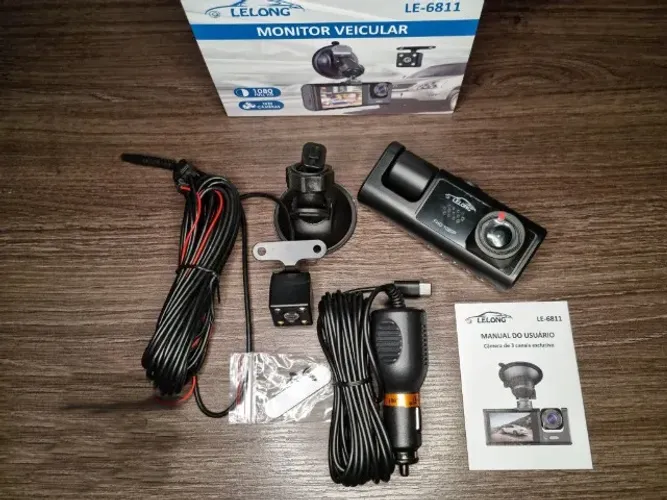 Câmera Veicular Tripla Full HD com Visor LCD Lelong Modelo LE-6811