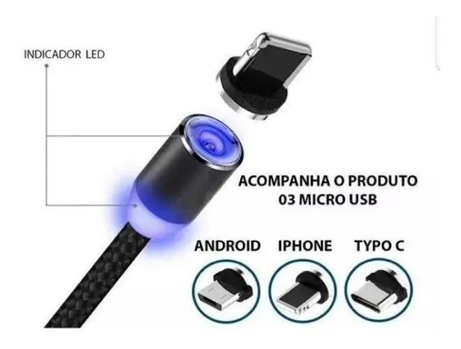 Cabo Carregador Magnético 3 em 1 