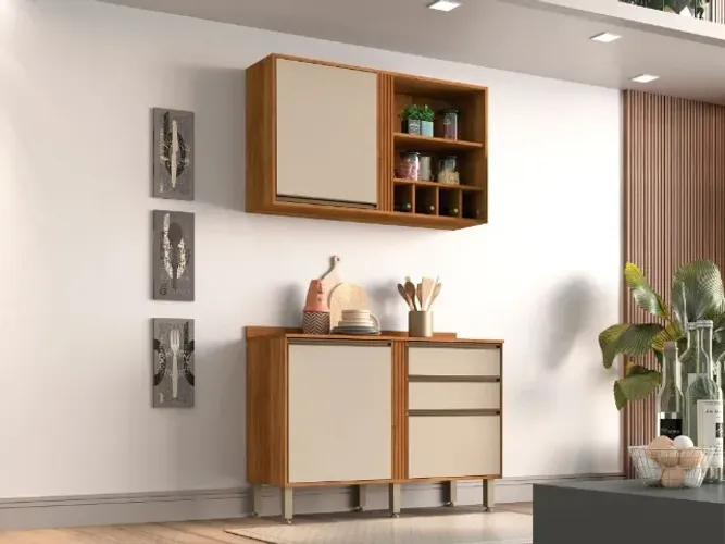 Combo Armário Cozinha Aéreo + Balcão Pérola Cinamomo/Off White Até 12x - Frete Grátis